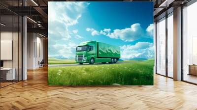 Eco friendly transportation concept. Futuristic electric autonomous  truck on rural road with a summer landscape. Wall mural