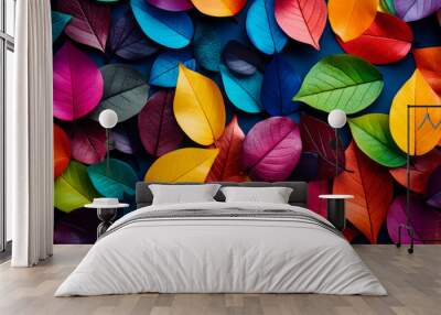 Falling leaves in rainbow colors, flat lay. Wall mural