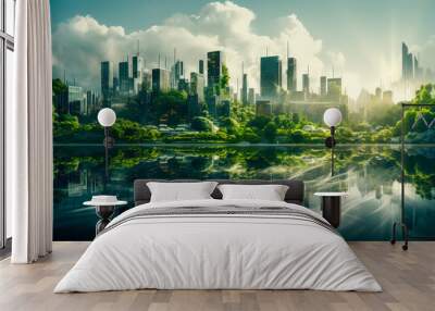 Futuristic city with a skyscrapers and green forest lush Wall mural