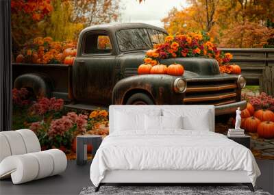 Halloween theme, a vintage pickup truck adorned with a lot of pumpkins and autumn decorations. Wall mural