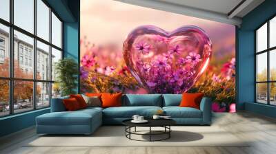 Heart-shaped glass with purple flowers inside on a summer field  surrounded by a wild wild flowers. Wall mural