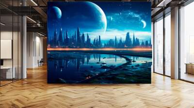 Landscape  of the futuristic city on alien planet Wall mural