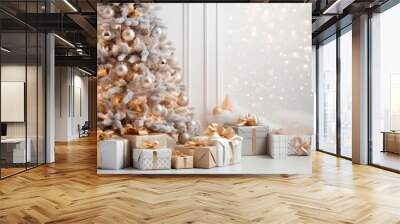 Merry Christmas and Happy New Year! Decorated christmas tree with presents and gifts. Wall mural