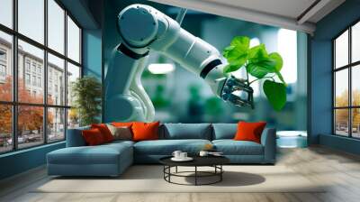 Modern robotic arm working in a bright laboratory with fresh green plant Wall mural