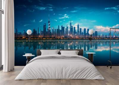 Sparkling city skyline reflected in a glassy lake, smart city Wall mural