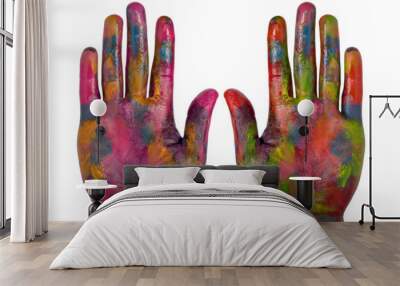 two painted colorful hands over white background Wall mural