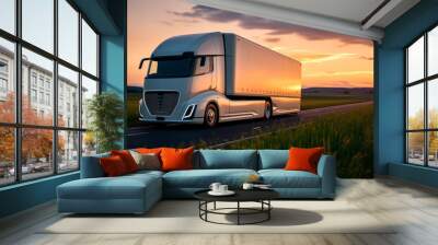 White futuristic electric semi-truck driving on an open highway with beautiful rural background Wall mural