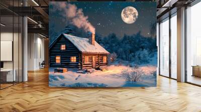 Winter landscape with wooden house, starry sky and the full moon. Wall mural