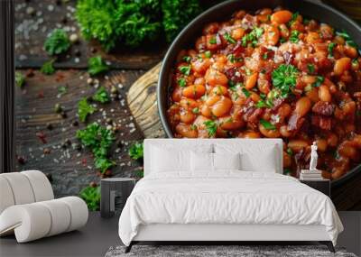 a bowl filled with beans and parsley on top of a wooden table Wall mural