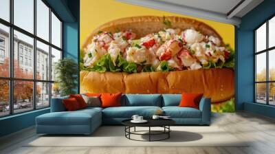 A gourmet seafood sandwich with lettuce, tomato, and mayonnaise on a bun. Wall mural