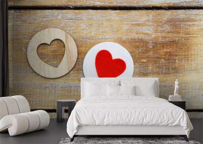 Two wooden hearts on rustic surface with copy space Wall mural