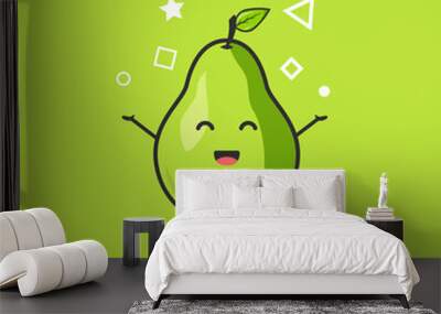 Funny cute pear character. Vector flat pear cartoon character feeling happy and jumping. Isolated on green background. Pear fruit concept Wall mural