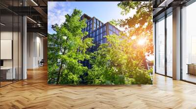 Eco architecture. Green tree and glass office building. The harmony of nature and modernity. Reflection of modern commercial building on glass with sunlight.  Wall mural