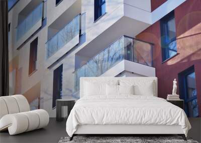 Residential area with modern apartment building. Multi Storey modern, new and stylish living block of flats. Wall mural