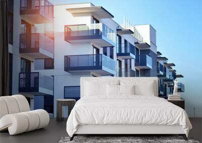 Residential area with modern apartment building. Multi Storey modern, new and stylish living block of flats. Wall mural