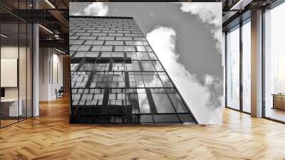 Urban geometry, looking up to glass building. Modern architecture, glass and steel. Abstract modern architecture design with high contrast black and white tone. Wall mural