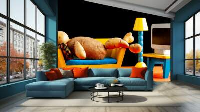 A quirky metaphorical concept image showing a potato man lying on a couch watching tv in a living room setting. Image for being couch potato, obesity, sedentary lifestyle and health effects. Wall mural