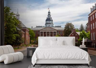 Historical Maryland State Capitol building in Annapolis, the oldest state house that is still in use. Other state government buildings such as court of appeal and senate are seen on each side. Wall mural