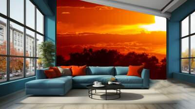 Panoramic photo of setting sun over the forest. Trees are seen as silhouettes and sunset sky is in vibrant red. Clouds have different tones of red to orange. Wall mural