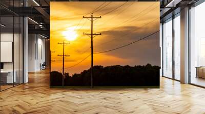 Silhouettes of utility poles carrying high voltage electricity alongside a road at a rural area. Sunset, sunrise image with cloudy orange red sky and depth of field with nobody in the frame. Wall mural