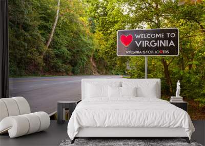 Welcome to Virginia sign located at the Maryland, Virginia state border at Purcellville, Virginia. The black sign has a red heart shape and 'Virginia is for lovers' slogan underneath. Wall mural