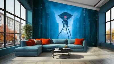 Alone against the invader / 3D illustration of retro science fiction scene with lone astronaut facing giant alien machine in city street Wall mural