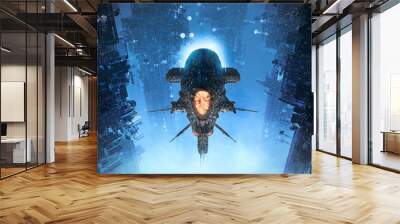 Cruising the suburbs / 3D illustration of science fiction heavy armoured battle cruiser spaceship flying through futuristic city Wall mural