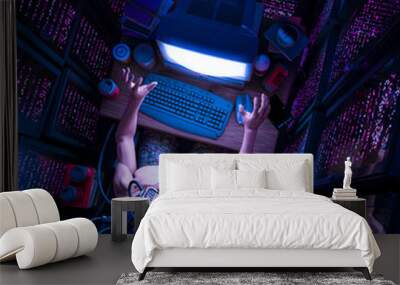 Cyberpunk hacker man - 3D illustration of science fiction shocked male character working on retro computer console inside server farm Wall mural