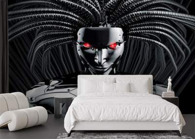 Female cyborg concept / 3D illustration of metallic female android with flowing tentacled hair Wall mural