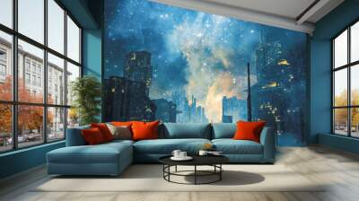 Galactic space colony by night / 3D illustration of dark futuristic science fiction city under a glowing galaxy in the sky Wall mural