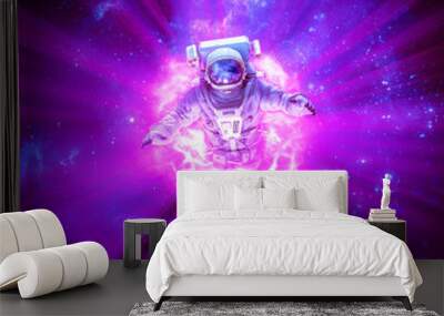 Galactic wormhole exploration / 3D illustration of science fiction scene with astronaut passing through glowing energy portal in outer space Wall mural