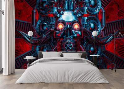 Heavy metal dreams / 3D illustration of science fiction scary robotic skull artificial intelligence hardwired to computer core Wall mural