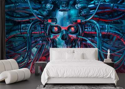 Heavy metal mind / 3D illustration of science fiction scary robotic skull artificial intelligence hardwired to computer core Wall mural