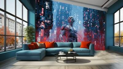 Legacy of carbon / 3D illustration of science fiction male humanoid cyborg lost in futuristic neon lit cyberpunk city Wall mural