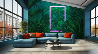 Neon tropical portal / 3D illustration of surreal glowing rectangular portal floating in lush green jungle Wall mural