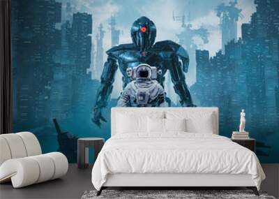 Shadow of the cyclops / 3D illustration of science fiction scene astronaut guarded by giant robot cyclops Wall mural