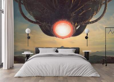 Surrender to the machine / 3D illustration of retro science fiction with astronaut encountering giant alien robot machine intelligence on warm desert planet Wall mural