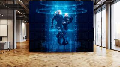 Virtual data portal astronauts / 3D illustration of science fiction male and female astronaut travelling through glowing virtual reality code Wall mural