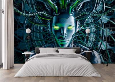 Vision of the machine - 3D illustration of metallic science fiction female artificial intelligence inside futuristic computer core Wall mural