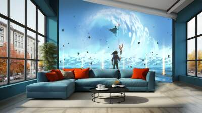 A confrontation between a hero and a villain set against the background of shore, digital art style, illustration painting Wall mural