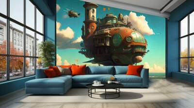 A large flying machine floats above the surface of the water, steampunk style made with generative AI Wall mural