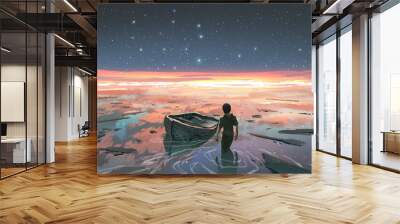 A man standing in a river with his shipwreck against the background of the sky upside down, digital art style, illustration painting

 Wall mural