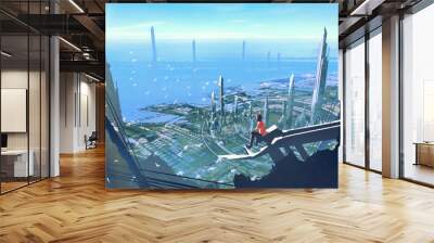 aerial view with the man sitting on edge of building looking at futuristic city,illustration painting Wall mural