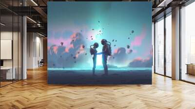 Astronaut couple holding each other's hands on space sky background, digital art style, illustration painting Wall mural