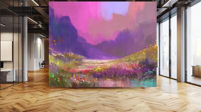 beautiful landscape in the mountains with colorful flowers,digital painting Wall mural