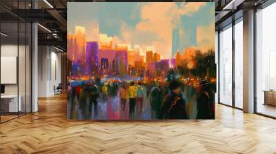 beautiful painting of people in a city park at sunset Wall mural