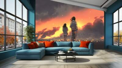 beautiful scenery of the young couple standing in glowing flowers filed and looking sunset sky, digital art style, illustration painting Wall mural