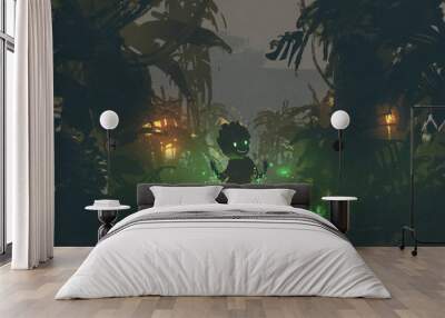 born from a dark nature, the cute creature made from magic swamp in tropical forest, digital art style, illustration painting Wall mural