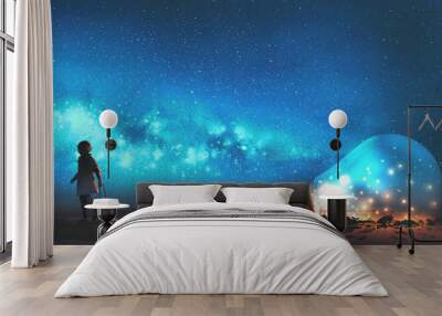 boy pulled the big bulb half buried in the ground against night sky with stars and space dust, digital art style, illustraation painting Wall mural