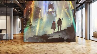 couple in the futuristic city at night with buildings and light beams, digital art style, illustrati Wall mural